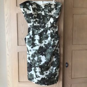 J. Crew Olive Green & Cream Strapless 100% Silk Sheath Dress Size 0